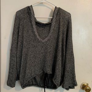 Grey, black & white V-neck hooded sweater